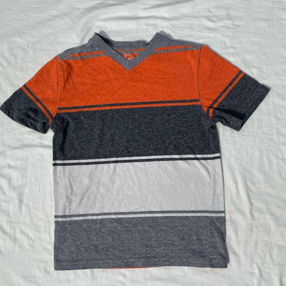 Boys orange and grey V-neck shirt in excellent used condition. Size Medium (8) - Picture 1 of 2